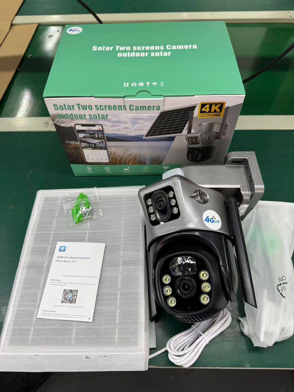 Solar Dual-Lens CCTV Camera with solar panel and retail box